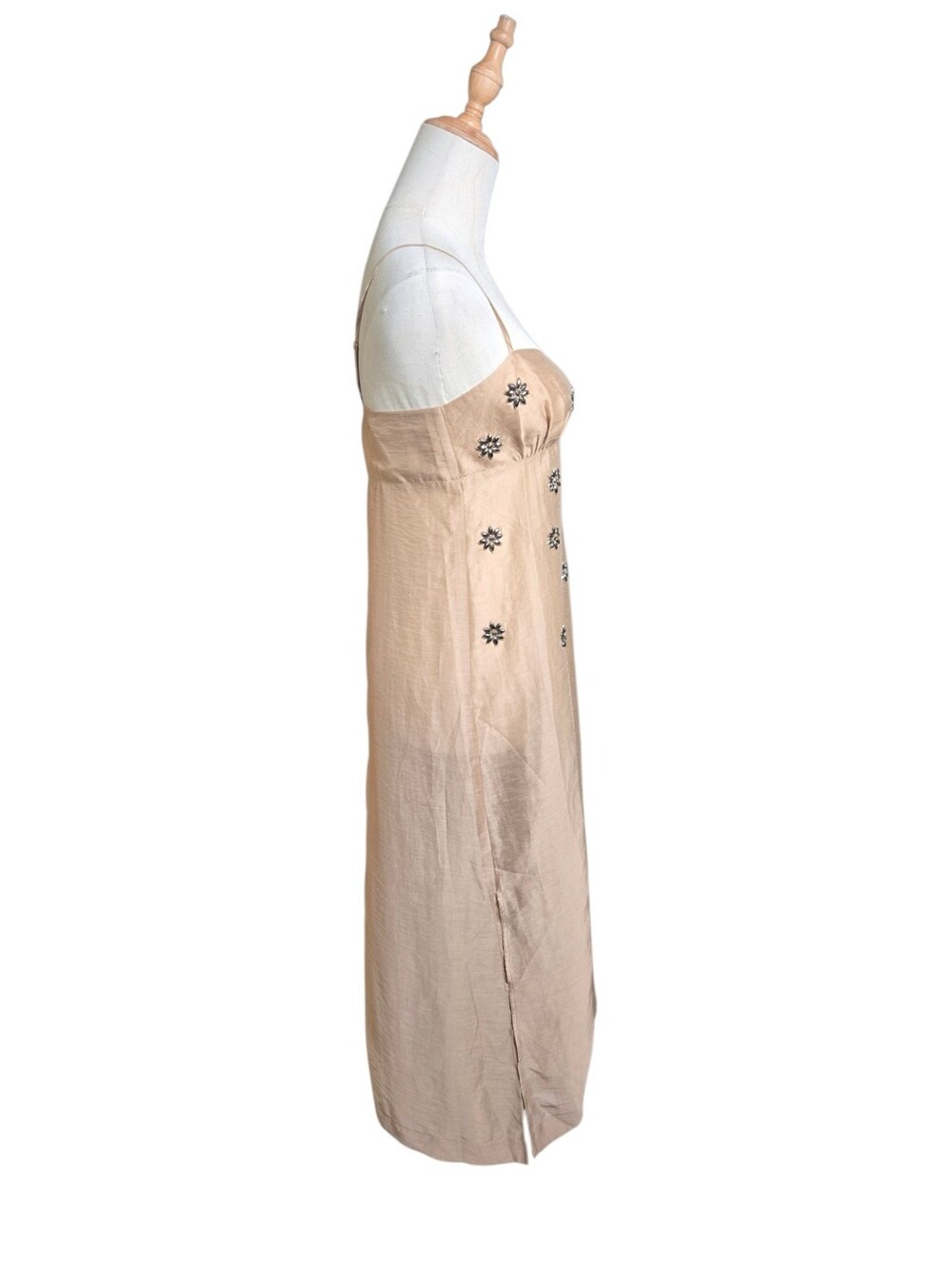 H & M Edition Beige Sheer Embellished Spaghetti Strap Linen Blend Maxi Dress NWT - Picture 4 of 7